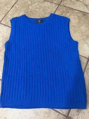 St John Sport Marie Gray Ribbed Cotton Sleeveless Shell Royal Blue Size L